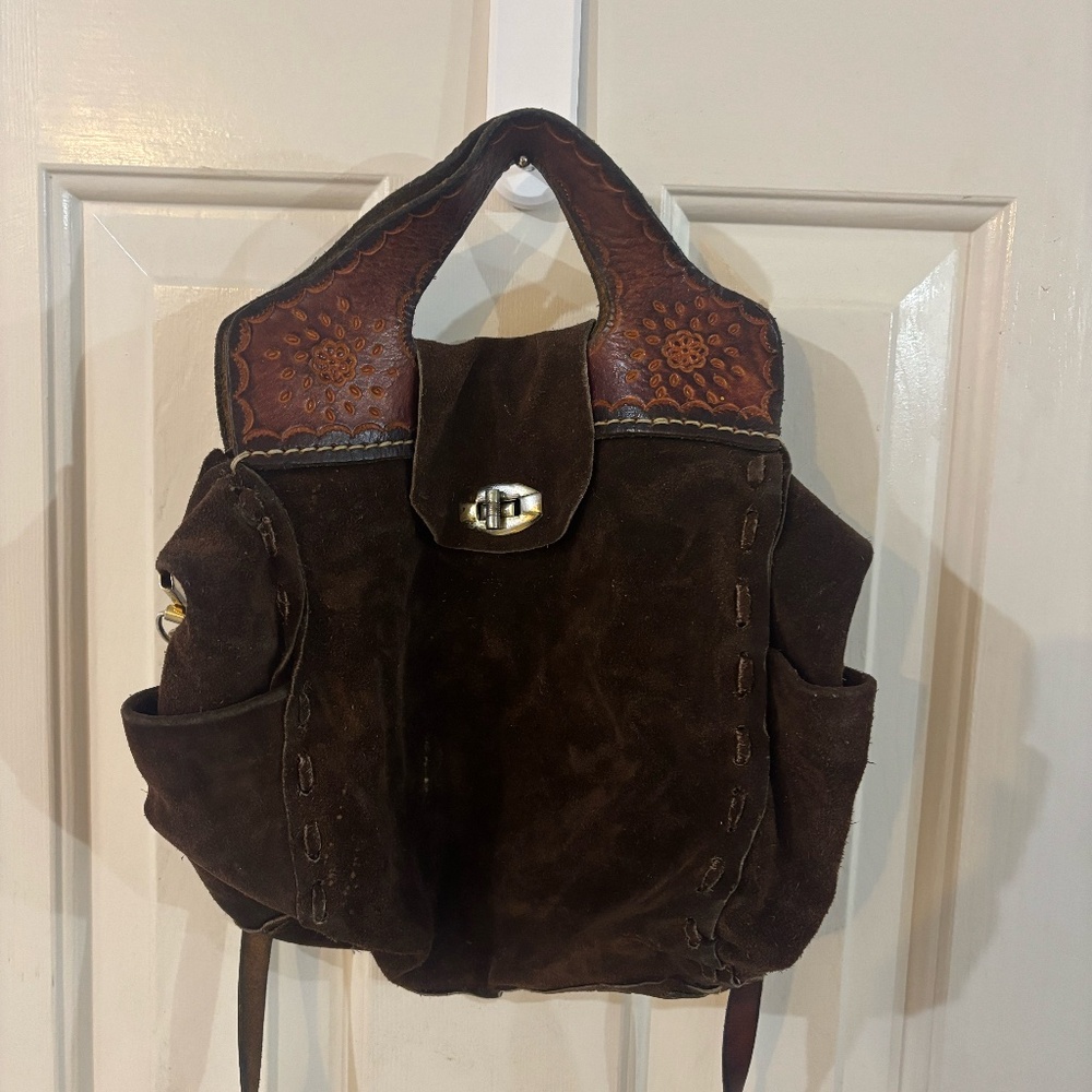 Vintage Brown Suede Leather Handbag with Embossed Top Handles